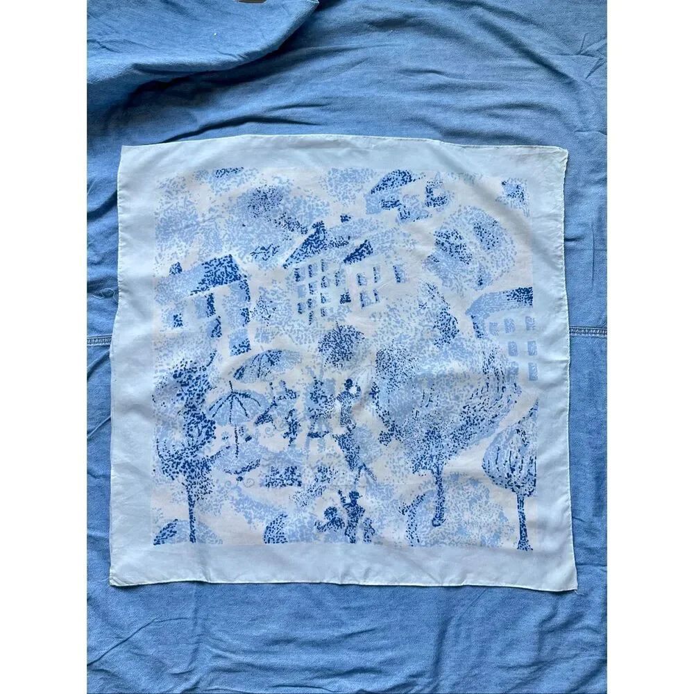 French Country Cottagecore Blue Toile Scenic Square Scarf Parisian Romantic 25.5